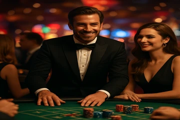 সোনালি মুদ্রা ও রুলেটের গতিময় ক্যাসিনো দৃশ্য