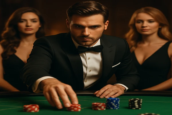 একজন নারী অন্তর্জালভিত্তিক ল্যাপটপে অনলাইন গেম উপভোগ করছেন, চারপাশে আলোকিত ক্যাসিনোর পরিবেশ জেগে উঠেছে